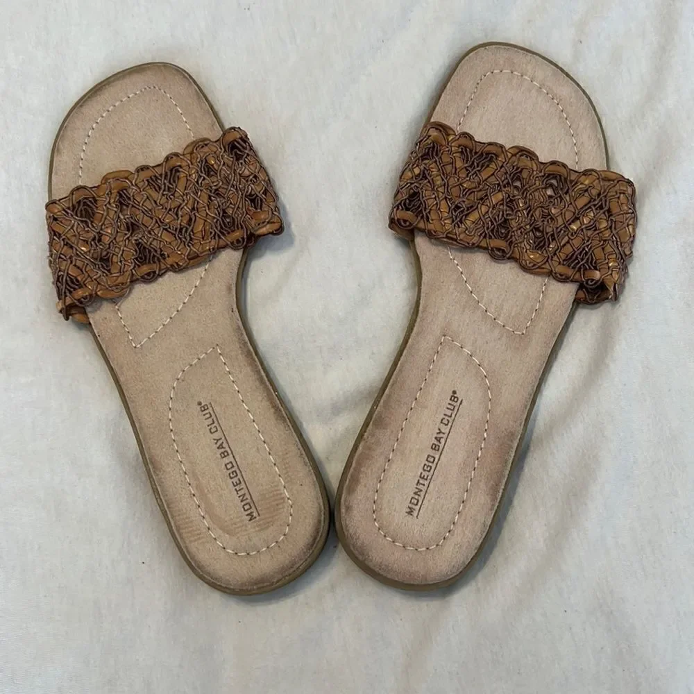 Montego Bay size 81/2 W comfy tan and brown slide sandals look new
